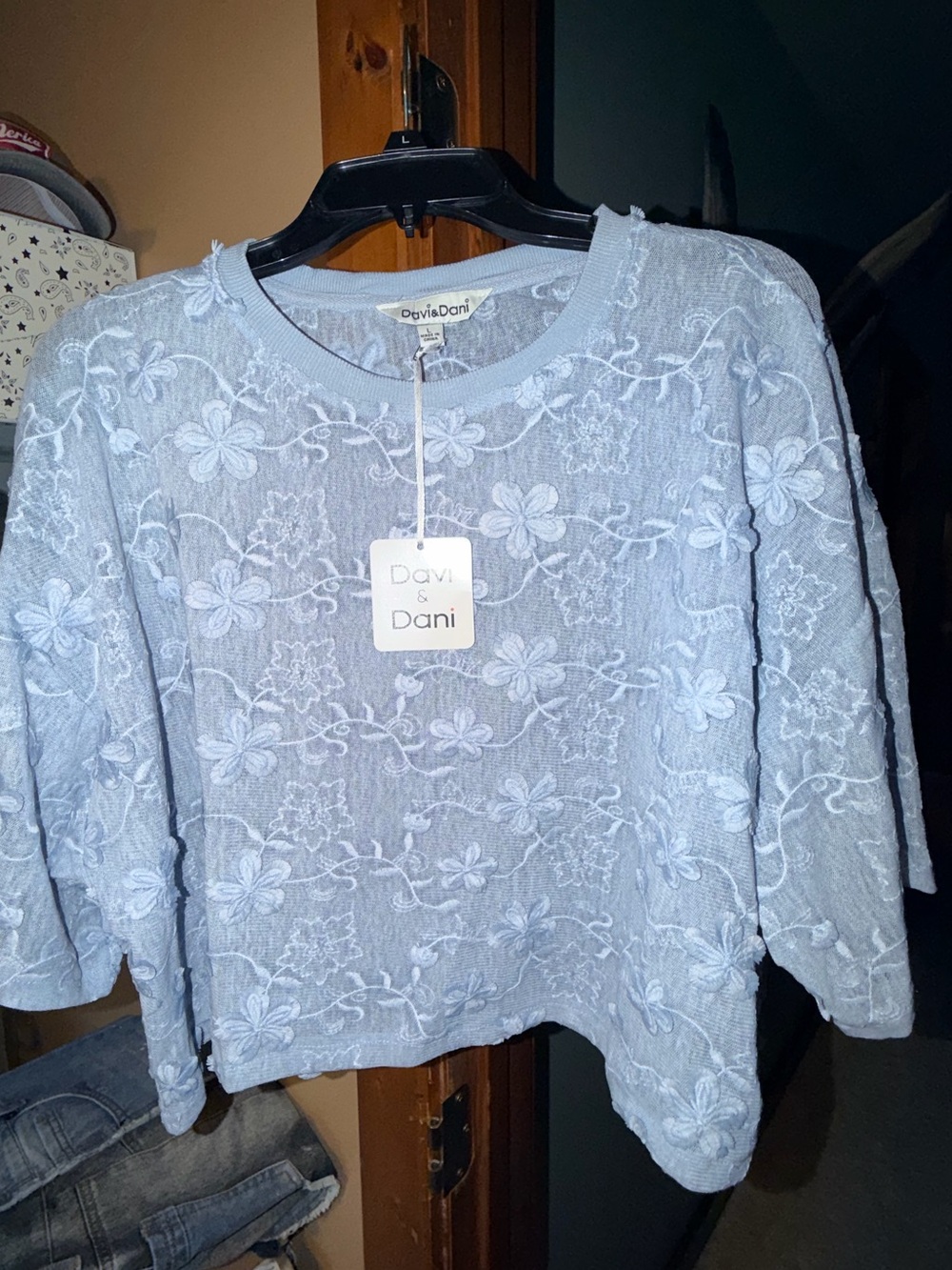 DAVI & DANI Powder Blue Floral Knit Top